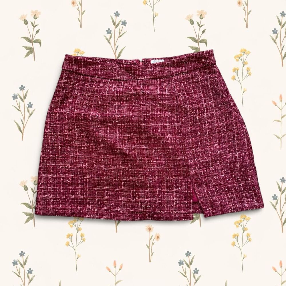 Preppy Burgundy Tweed Metallic Mini Skirt Francesca’s Blue Rain - Size M